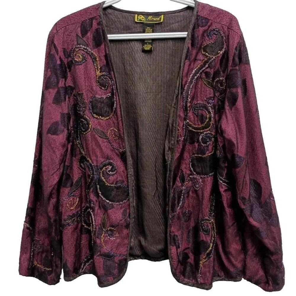 Mirasol BOHO Vintage Jacket Womens Large Maroon Embroidered Paisley Long Sleeve
